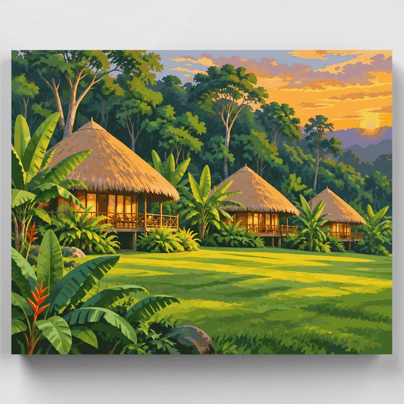 Bwindi Lodge Huts at Sunset - Paint by Numbers Kit