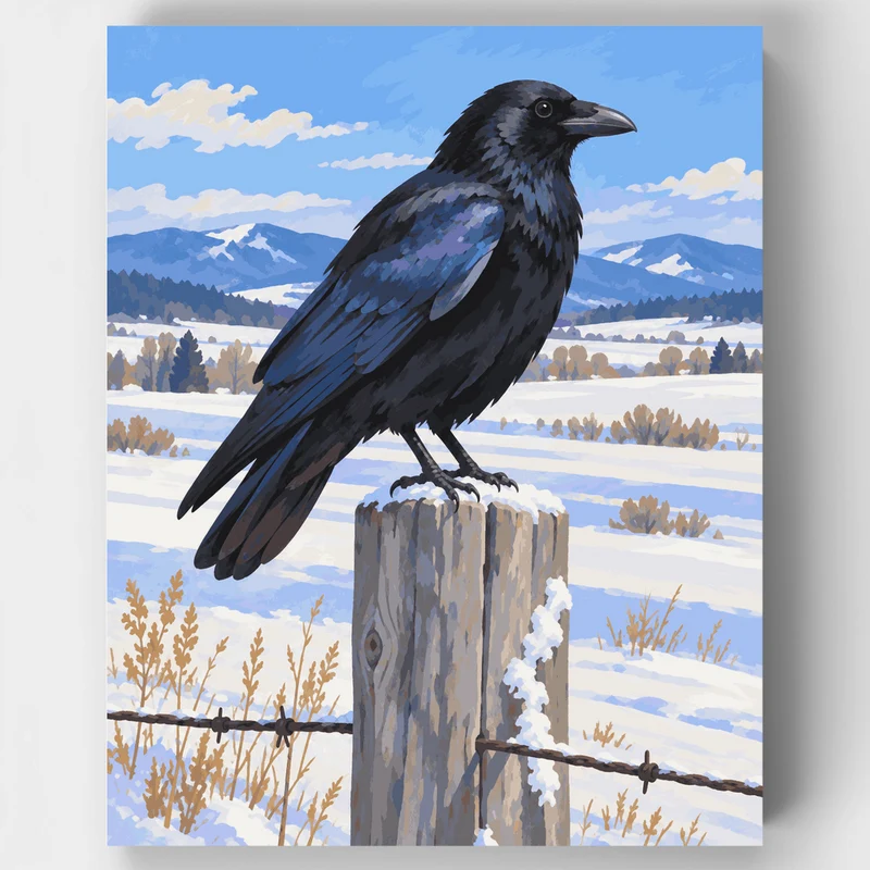 Crow on Snowy Fence Post - Paint by Numbers Kit