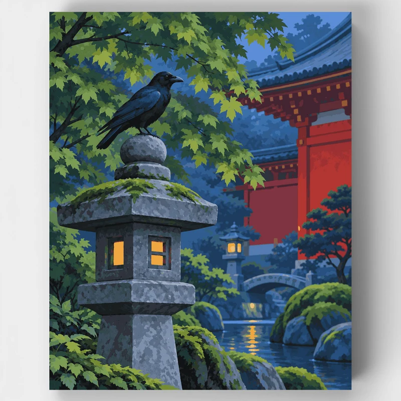 Crow on Mossy Lantern - Paint by Numbers Kit